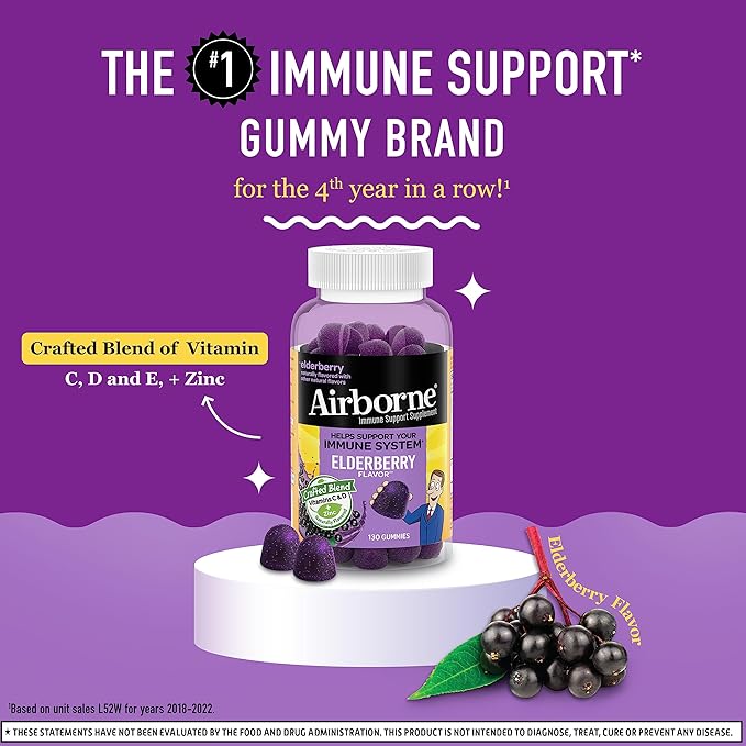 Airborne Elderberry + Zinc & Vitamin C Gummies for Adults, Immune Support Vitamin D & Zinc Gummies with Powerful Antioxidant Vitamins C D & E - 130 Gummies, Elderberry Flavor - Nirvana Guru