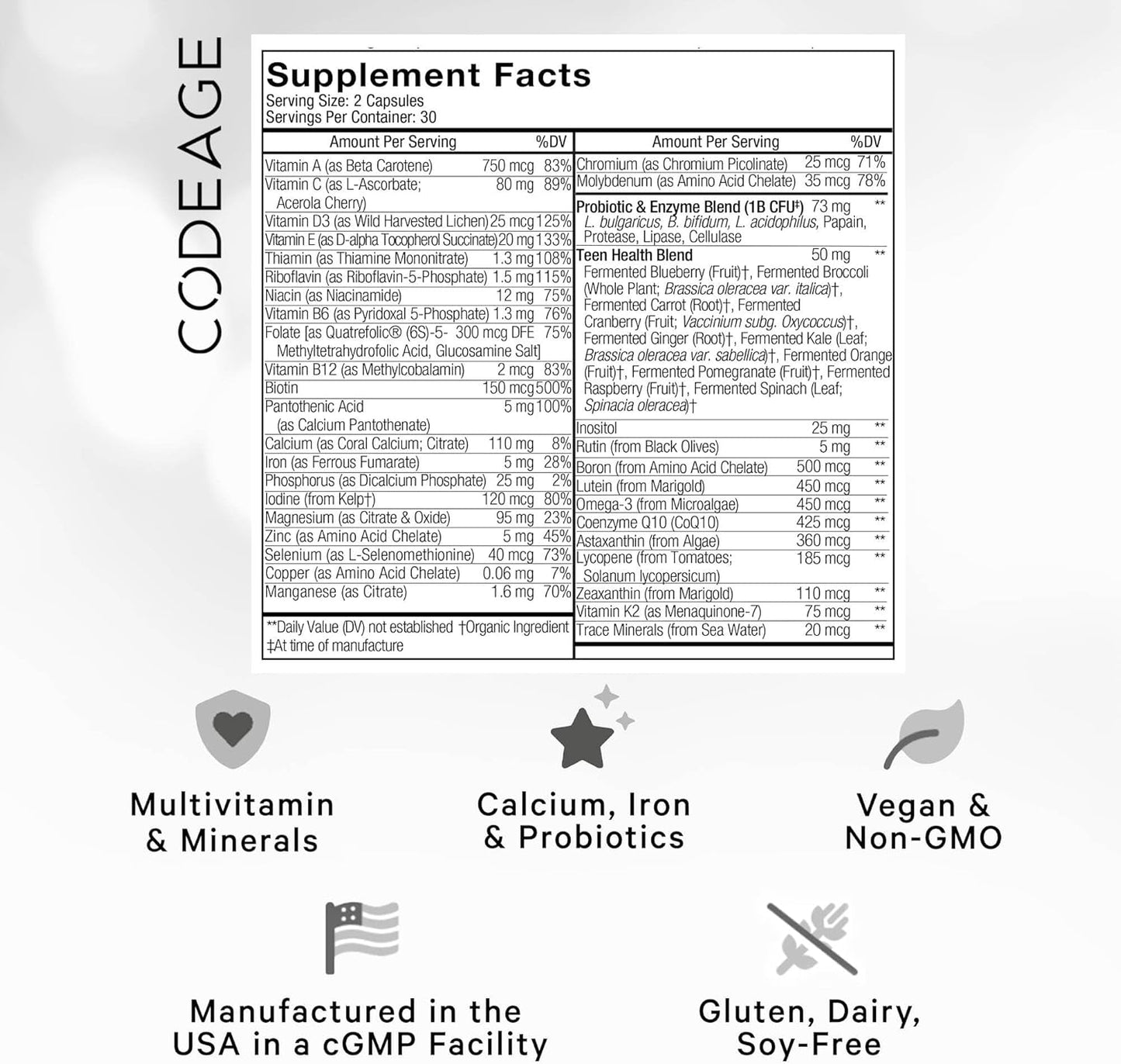 Codeage Teen Multivitamin Supplemen,Organic Whole Food Formula with Omega-3 and Vitamins A to K - 60 Capsules - Nirvana Guru