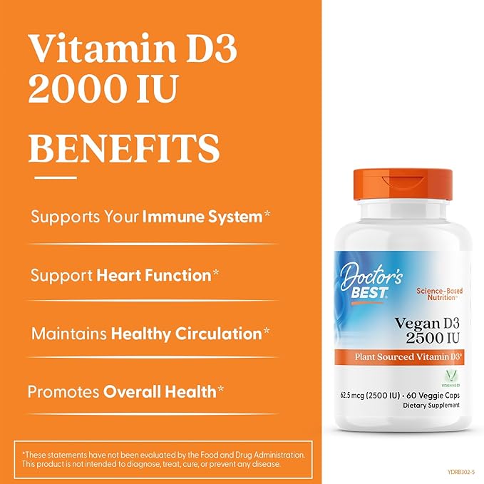 Doctors Best Vegan D3 2500 IU (Vitashine), Plant Sourced Vitamin D3,60 Veggie Caps - Nirvana Guru