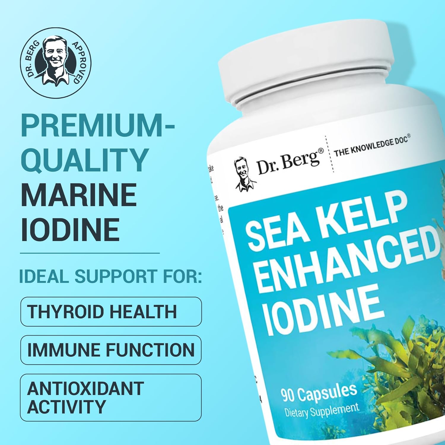 Dr. Berg Sea Kelp Enhanced Iodine - 200 mcg of Premium Iodine - Seaweed Blend Includes Klamath Blue-Green Algae & Sea Kelp - 90 Capsules - Nirvana Guru