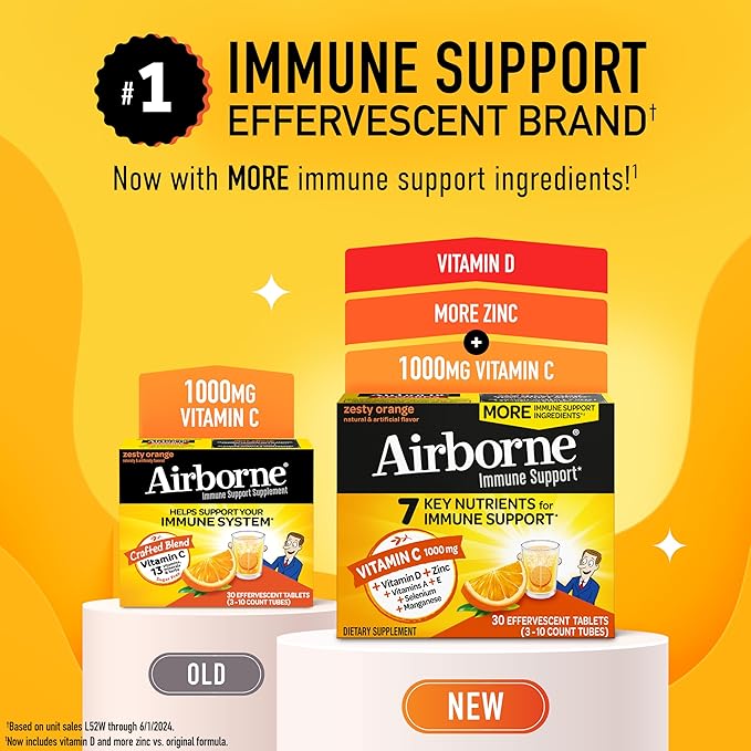 Airborne Vitamin C 1000mg (per Serving) - Zesty Effervescent Tablets, Gluten-Free Immune Support Supplement, Echinacea & Ginger, Orange, Citrus, 30 Count (Pack of 3) - Nirvana Guru
