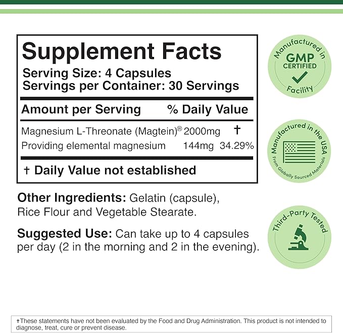 Magnesium L Threonate, Magtein™, Sleep and Cognitive Support,120 Capsules - Nirvana Guru