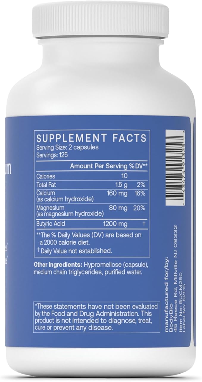 BodyBio Butyrate Supplement Butyric Acid with Calcium Magnesium - 250 Capsules - Nirvana Guru