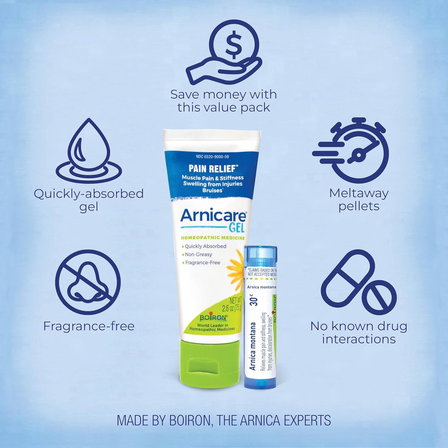 Boiron Arnicare Gel and Arnica 30c Value Pack for Pain Relief,2.6 oz + 80 Pellet Tube - Nirvana Guru