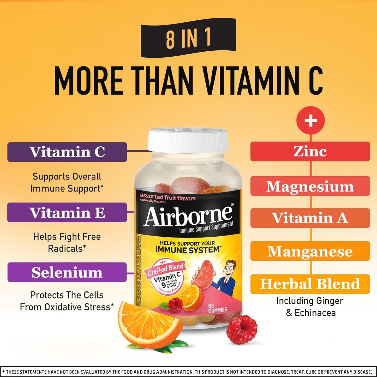 Airborne 750mg Vitamin C Gummies for Adults, Immune Support Gummies with Powerful Antioxidants VIT C & E, Caffeine Free - 2x63ct Bottle (42 Servings), Assorted Fruit Flavor - Nirvana Guru