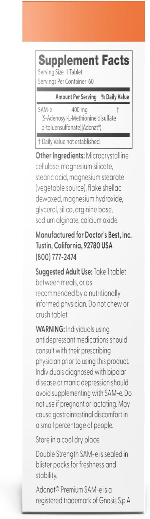 Doctor's Best SAM-e 400 mg,60 Enteric Coated Tablets - Nirvana Guru