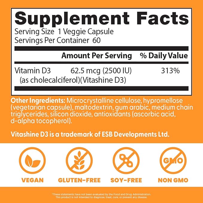 Doctors Best Vegan D3 2500 IU (Vitashine), Plant Sourced Vitamin D3,60 Veggie Caps - Nirvana Guru