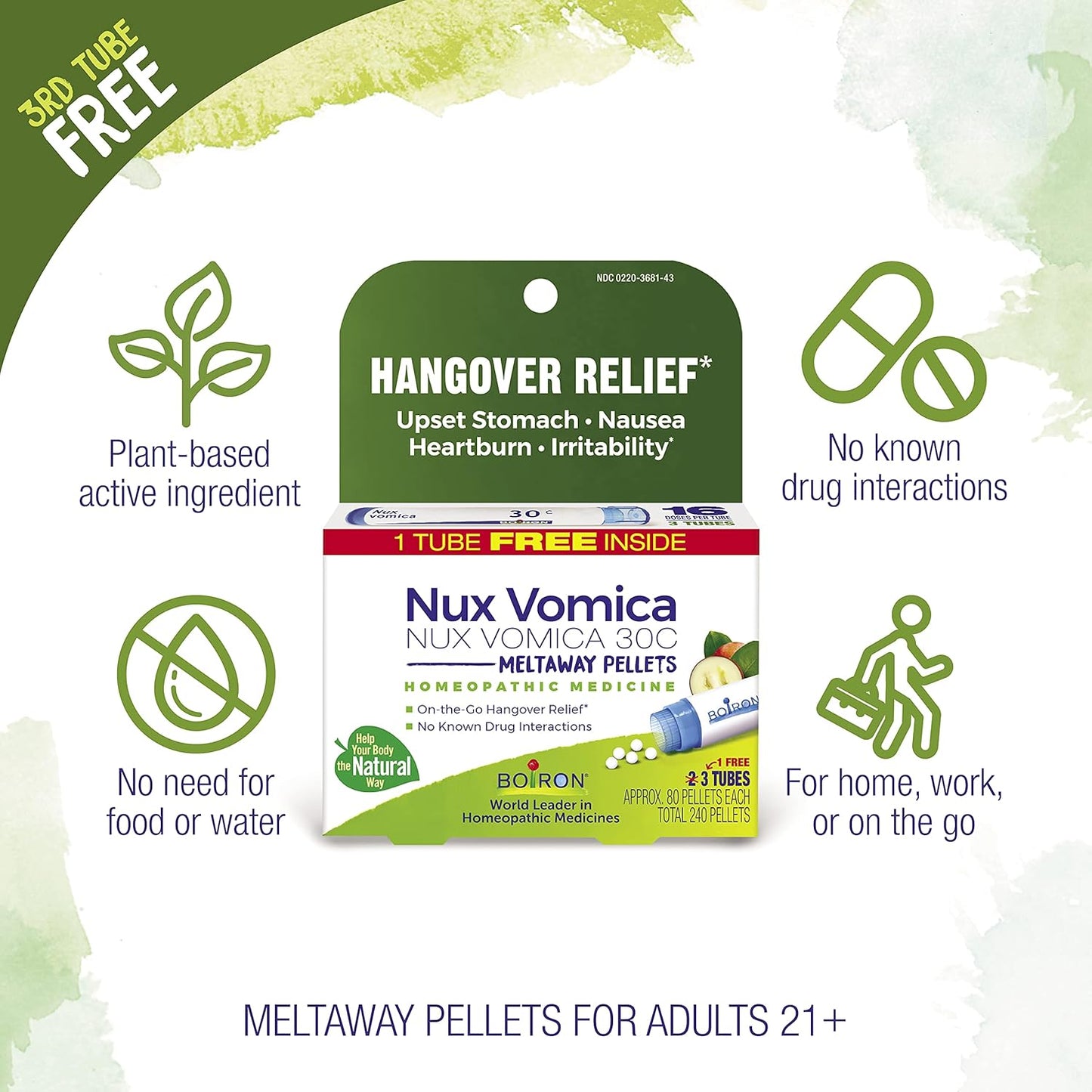 Boiron Nux Vomica 30C Homeopathic Medicine for Hangover Relief, Upset Stomach, Nausea, and Overindulgence of Food or Drink - 3 Count (240 Pellets) - Nirvana Guru