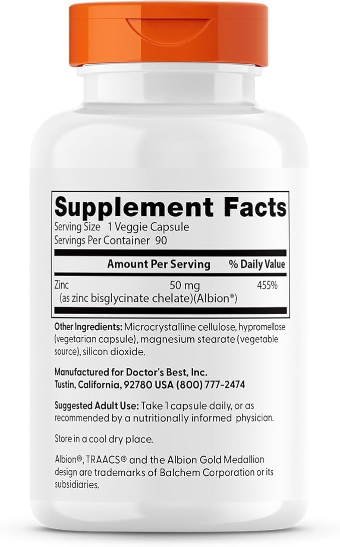 Doctor's Best High Absorption Zinc Bisglycinate 50mg High Potency Supporting Enhancing Immune System Antioxidant VC, 90 Count - Nirvana Guru
