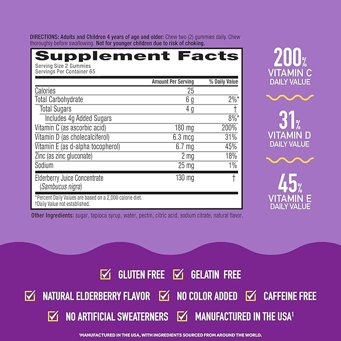 Airborne Elderberry + Zinc & Vitamin C Gummies for Adults, Immune Support Vitamin D & Zinc Gummies with Powerful Antioxidant Vitamins C D & E - 130 Gummies, Elderberry Flavor - Nirvana Guru