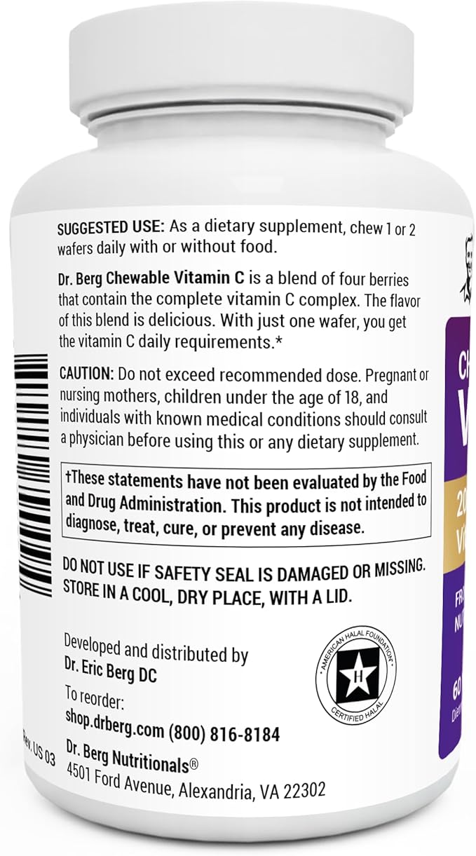 Dr. Berg Chewable Vitamin C Complex - Made with Organic, Non-GMO Berries - 60 Delicious Wafers - Nirvana Guru