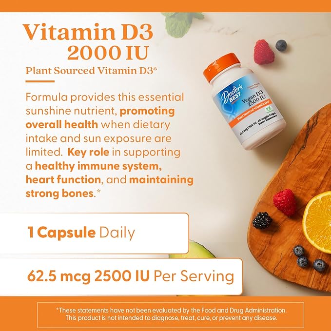 Doctors Best Vegan D3 2500 IU (Vitashine), Plant Sourced Vitamin D3,60 Veggie Caps - Nirvana Guru