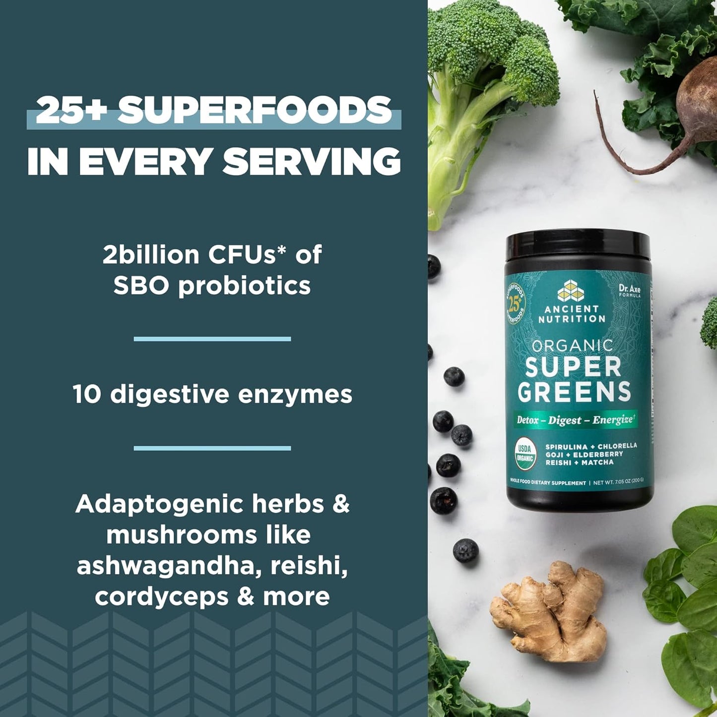 Ancient Nutrition Super Greens,Organic Superfood Powder with Probiotics 25 Servings - Nirvana Guru