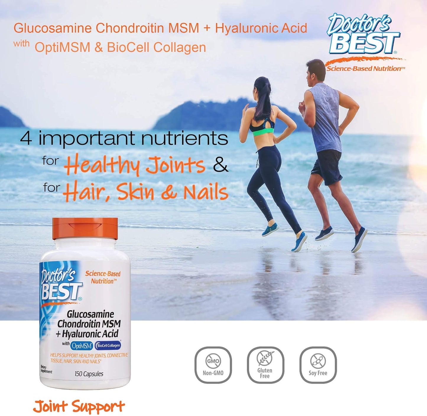 Doctor's Best Glucosamine Chondroitin MSM + Hyaluronic Acid with OptiMSM Featuring Biocell Collagen, Joint Support,150 Caps - Nirvana Guru