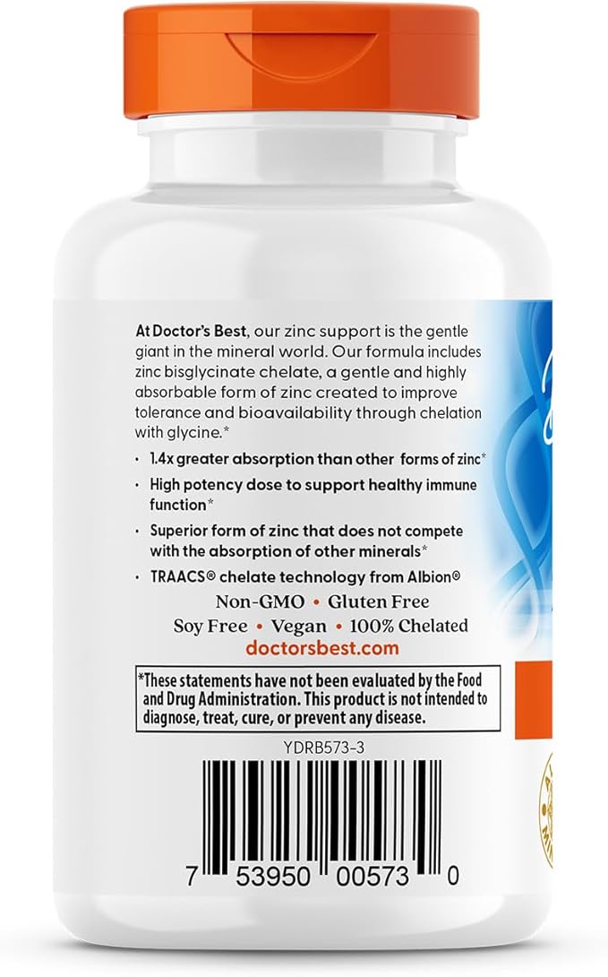 Doctor's Best High Absorption Zinc Bisglycinate 50mg High Potency Supporting Enhancing Immune System Antioxidant VC, 90 Count - Nirvana Guru