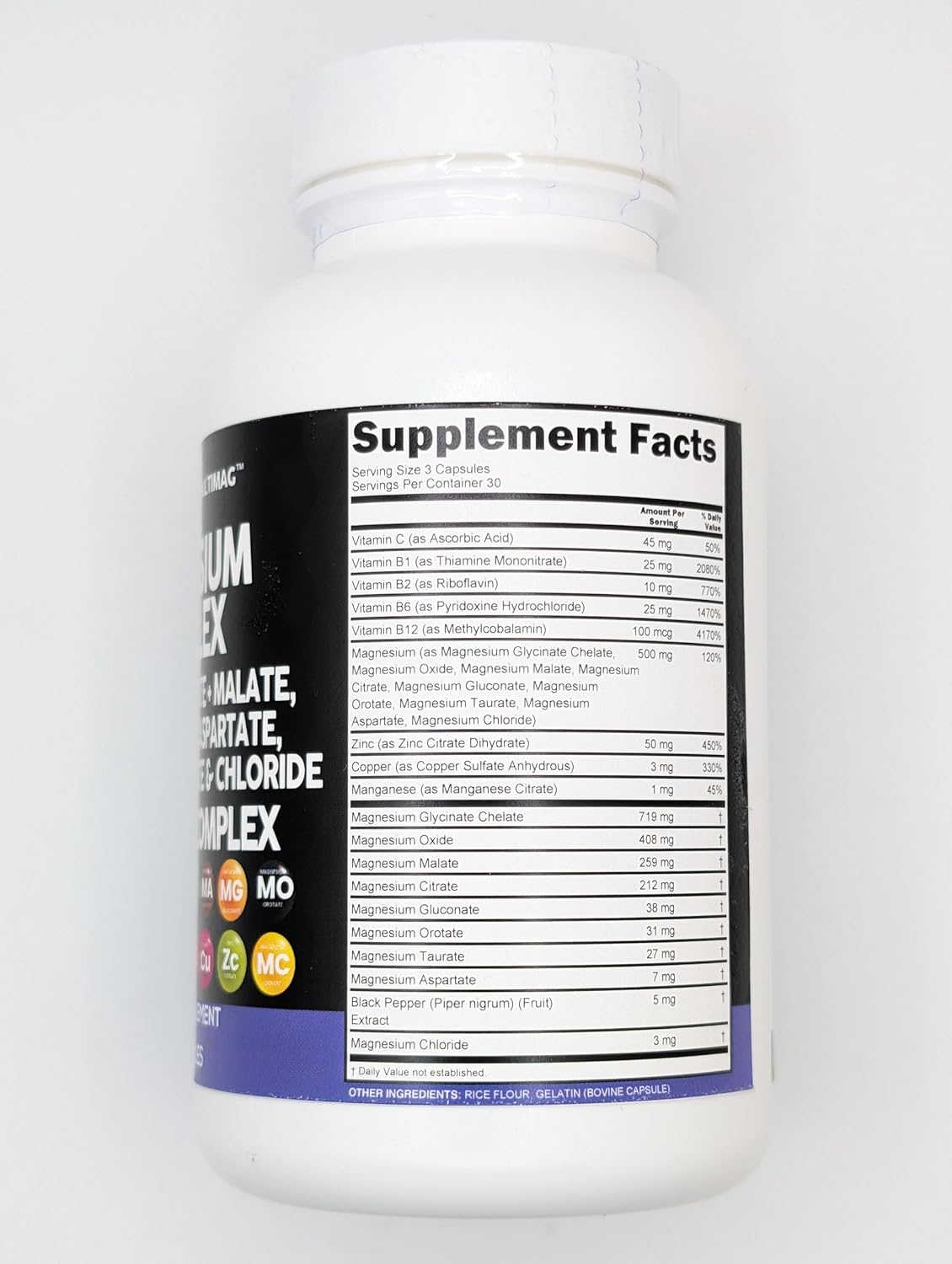 Clean Nutraceuticals Magnesium Complex with Magnesium Glycinate Citrate Malate Oxide Taurate Aspartate Orotate & Mag Chloride, Zinc Copper Manganese & Vitamin C B1 B2 B6 B12 Complex - 1Pack - Nirvana Guru