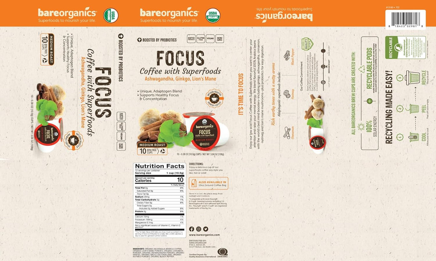 BareOrganics Focus Coffee with Superfoods, Organic Probiotic Coffee, 10 Single Serve Cups - Nirvana Guru