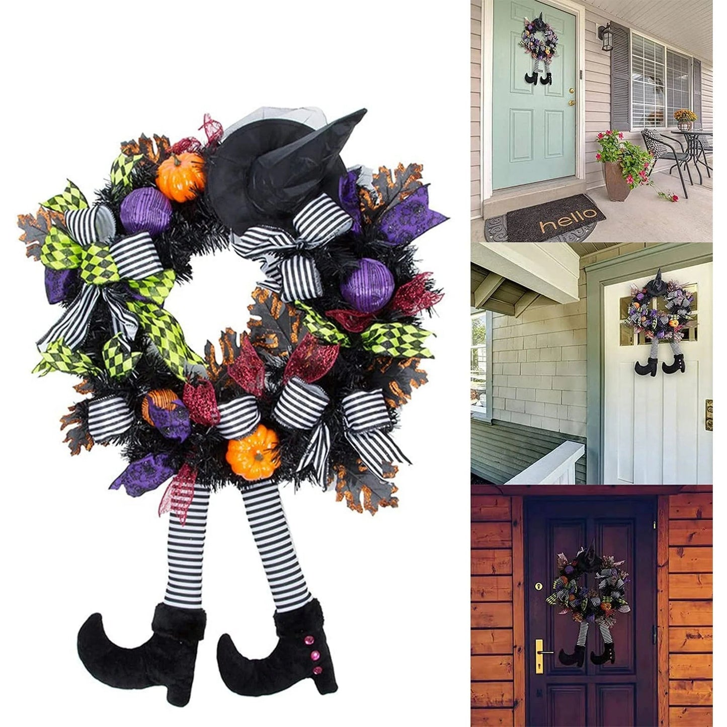 Halloween Wreath with Hat Legs Pumpkin Door Hanging Garland Front Door for Halloween Decorations nirvanaguru