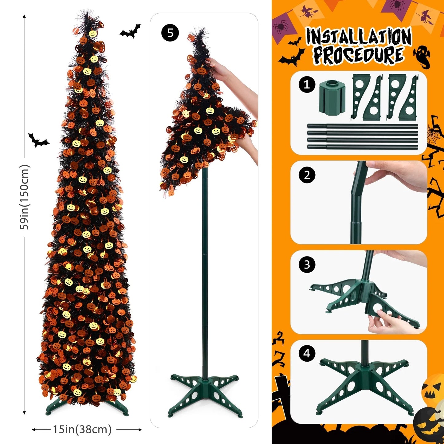 Ayieyill 5ft Halloween Tree Prelit, Pencil Pop up Tree with Light Halloween Decoration | Indoor | Black nirvanaguru