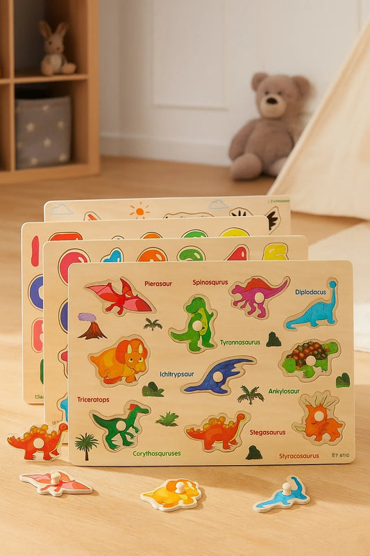 GRINNNIE Wooden Peg Puzzle for Toddlers, 6 Pack Toddler Puzzles Set for 3 4 5 Years Old (Alphabet Number Shape Animal Dinosaur Vehicle), Preschool Education Learning Puzzle Toys for Girls and Boys nirvanaguru