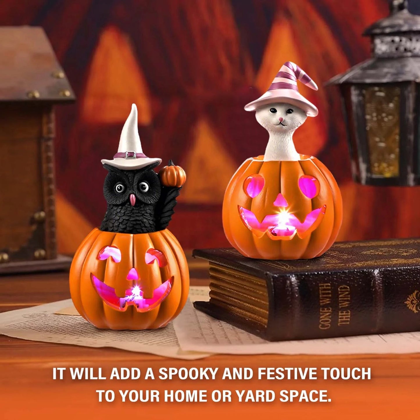 Ayieyill Halloween Figurines Set of 2, Cat and Owl on Pumpkin Decor with LED Lights for Halloween Decorations Indoor nirvanaguru