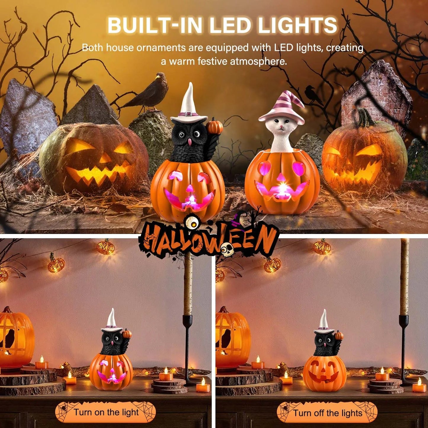 Ayieyill Halloween Figurines Set of 2, Cat and Owl on Pumpkin Decor with LED Lights for Halloween Decorations Indoor nirvanaguru