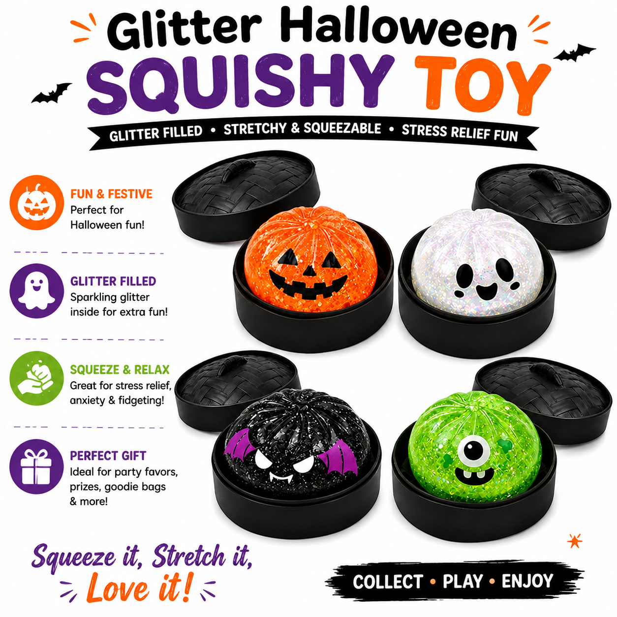 Halloween Ghost Dumpling Squishy - Silent Sensory Monster Squishies with Steamer Box - Stretchy Desk Toy for Kids Halloween Trick Or Treat Favors Black Nirvana Guru