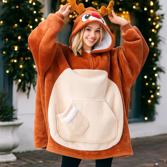 Giggling Getup Wearable Blanket Hoodie for Women Men Sherpa Fleece Hooded Blanket Sweatshirt Warm Cozy Sherpa Wearable Throw Oversized Hoodie with Giant Pocket & Sleeves for Adult Christmas Reindeer nirvanaguru