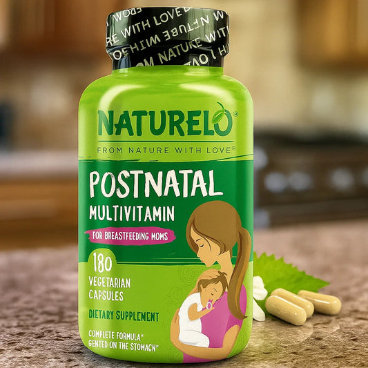 NATURELO Postnatal Multivitamin - Supplement for Breastfeeding Women - Plant-Based Vitamin D, Folate, Gentle Iron - for Nursing Mother, Baby - Post Natal Lactation Support 180 Capsules Nirvana Guru