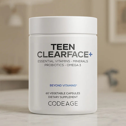 Codeage Teen Clearface Adolescent Face, Skin & Pimples, Vitamins A, C, D3, E, Pantothenic Acid, Niacin, Zinc Supplement Teenagers, Probiotics, L-Lysine, Omega-3, Oily Skin, Pores, Spots - 60 Capsules Nirvana Guru