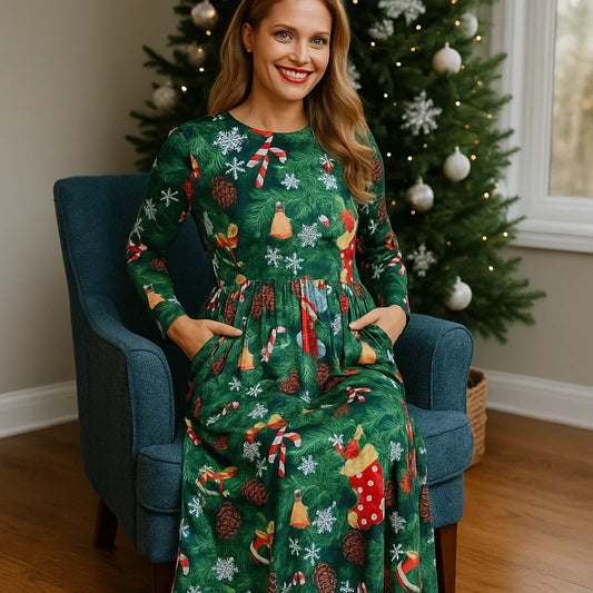 For G and PL Women's Ugly Christmas Maxi Dress Long Sleeve Graphic Outfit with Pockets nirvanaguru