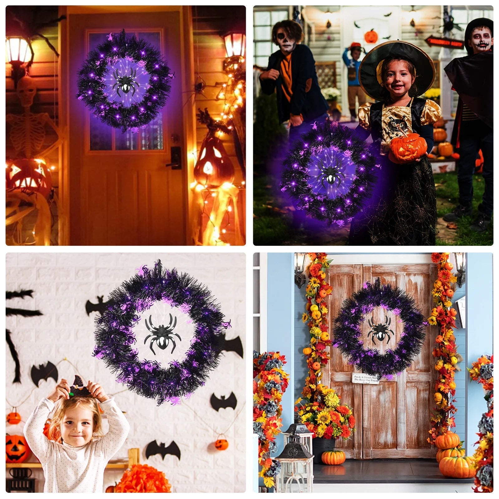 Halloween Wreath Halloween Spider Decorations Wreath with Lights, Halloween Spider Garland LED Halloween Door Wreath for Halloween Party, Halloween Decorations Outdoor Indoor Wall and Window nirvanaguru