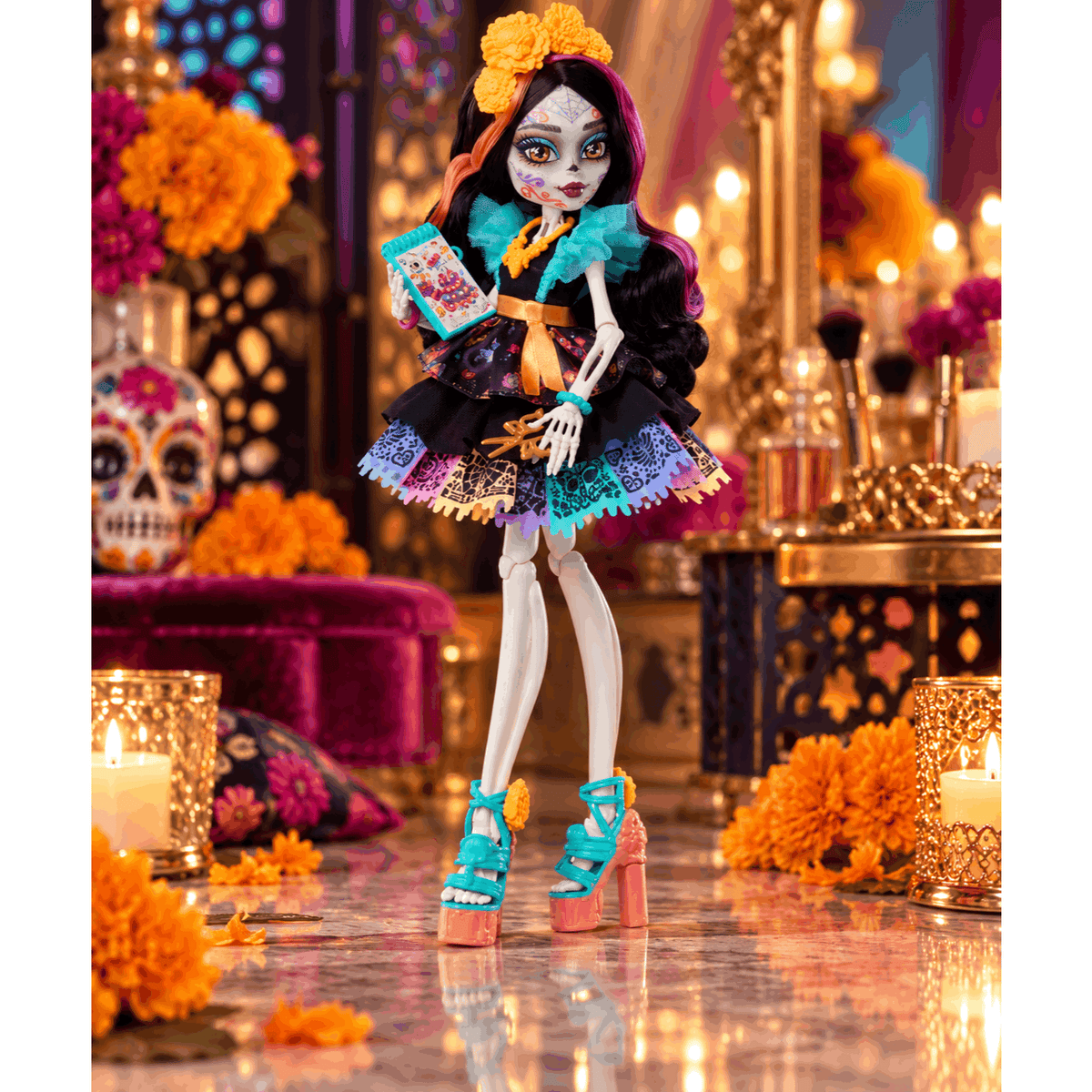 Monster High Skelita Calaveras Fashion Doll in Ruffled Dress with Pet Candelita and 7 Accessories