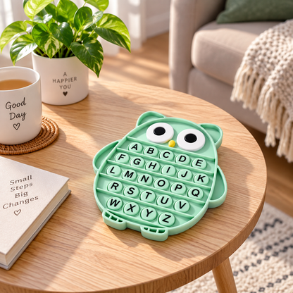 Push Pop Bubble Fidget Sensory Toy - Silicone Stress Relief Popping Toy - ABC Alphabet Owl Shaped Educational Learning Tools for Toddlers Kids Students (Black Letters-Green)