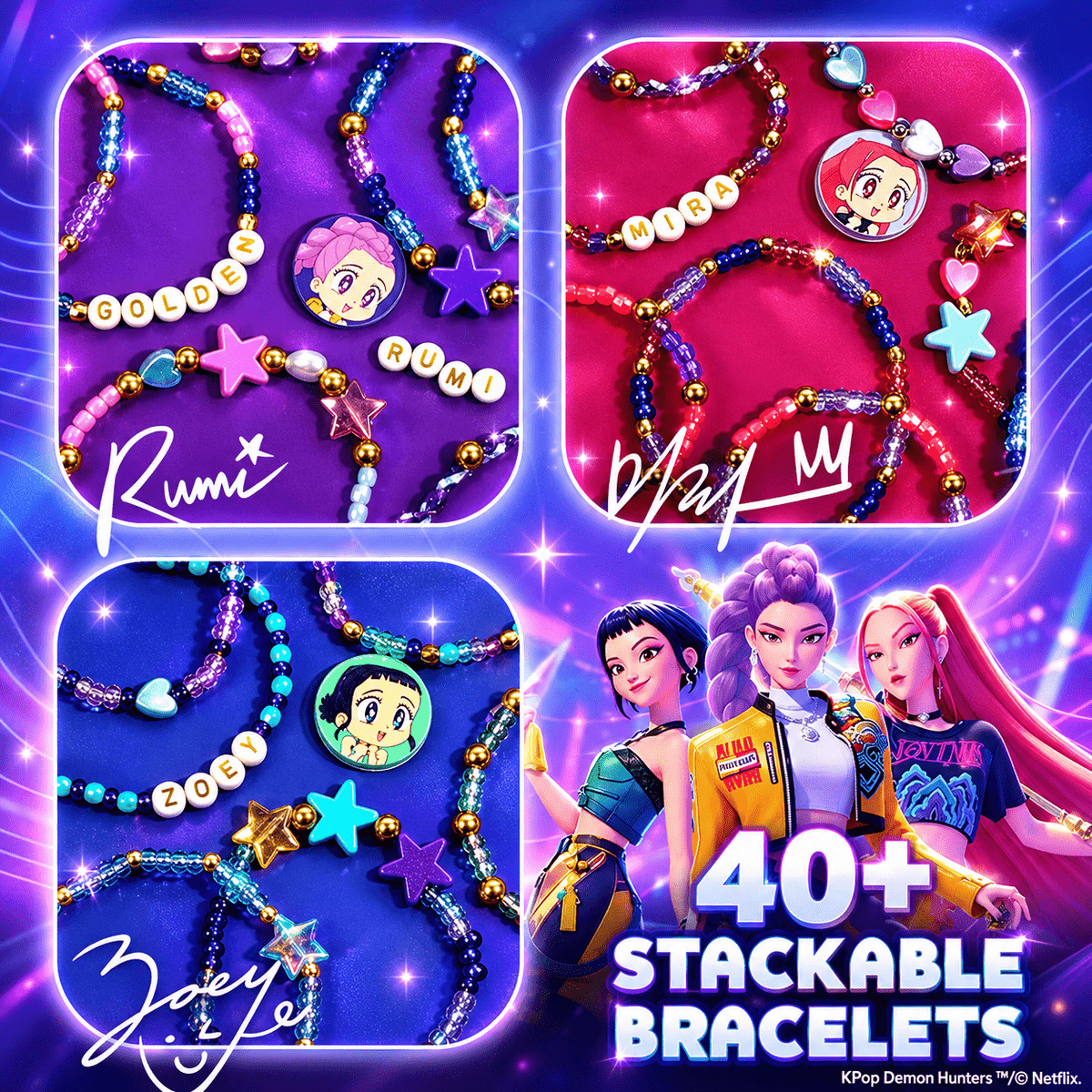 KPop Demon Hunters Bracelet Making Combo – Sparkle Bracelet Kit + Rumi, Mira & Zoey Friendship Bracelet 3-Pack