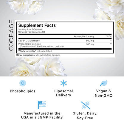 Codeage Liposomal Glutathione Supplement - Pure Reduced Setria L-Glutathione, Liposomal Delivery, Phospholipid Complex - Encapsulated Glutathione Powder Pills - Vegan, Non-GMO - 60 Capsules - Nirvana Guru
