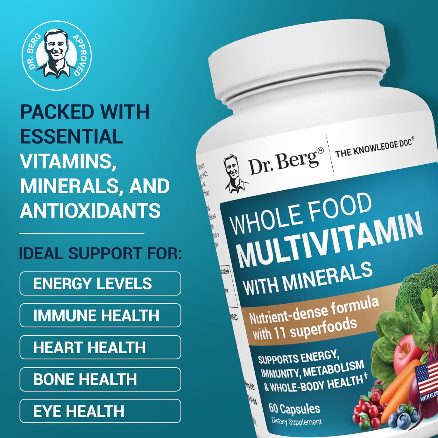 Dr. Berg Whole Food Multivitamin with Minerals - Daily Multivitamin for Men and Women - Includes Premium Whole Food Fruits and Vegetable Blend with Folate, Alpha-lipoic Acid and More - 60 Capsules - Nirvana Guru