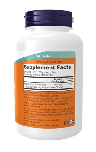 NOW Foods Supplements, Magnesium Citrate, Enzyme Function*, Nervous System Support*, 240 Veg Capsules - Nirvana Guru