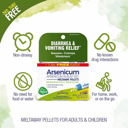 Boiron Arsenicum Album 30C Homeopathic Medicine for Relief from Diarrhea, Nausea, Vomiting, Cramps, and Traveler's Diarrhea - 3 Count (240 Pellets) - Nirvana Guru