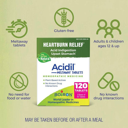 Boiron Acidil for Relief of Acid Reflux, Heartburn, Indigestion, and Upset Stomach (2 Pack of 60) - Nirvana Guru