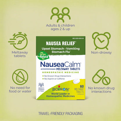 Boiron NauseaCalm Relief for Upset Stomach, Nausea, and Vomiting Due to Stomach Flu, Overindulgence, or Motion Sickness - Non-Drowsy - 60 Count - Nirvana Guru