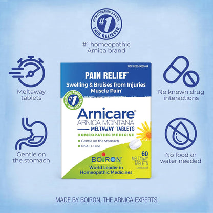 Boiron Arnicare Tablets for Pain Relief from Muscle Pain, Joint Soreness, Swelling from Injury or Bruises - 60 Count - Nirvana Guru