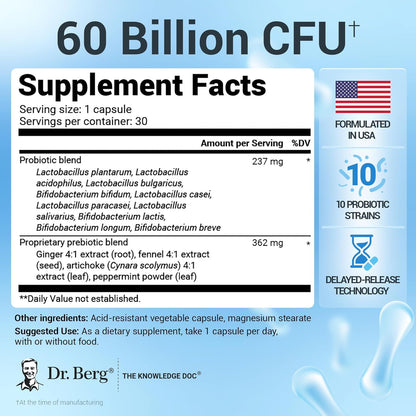 Dr. Berg Probiotic Supplement (60 Billion CFUs) - Helps Ease Occasional Constipation, Diarrhea, Gas & Bloating* - Pre and Probiotics for Digestive Health - 30 Probiotic Capsules - Nirvana Guru