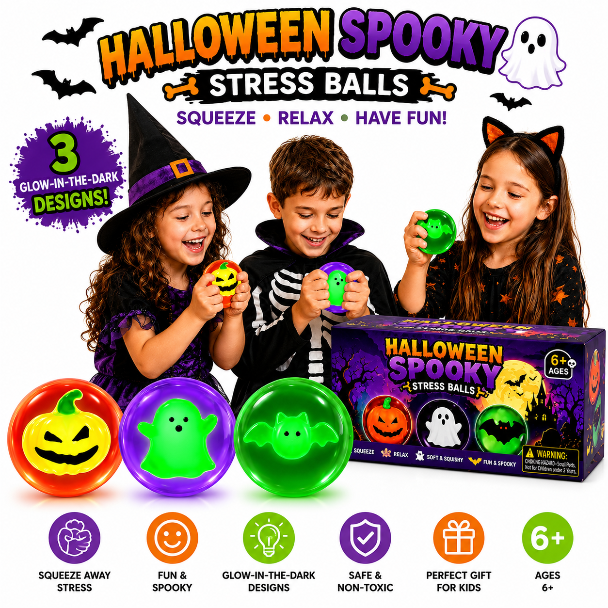 3Pcs Halloween Squishy Stress Ball Glow in The Dark Squeeze Ball Fidget Toy