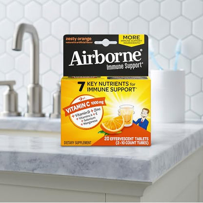 Airborne 1000mg Vitamin C With Zinc Effervescent Tablets, Immune Support Supplement With Powerful Antioxidants Vitamins A C & E - 20 Fizzy Drink Tablets, Zesty Orange Flavor Nirvana Guru