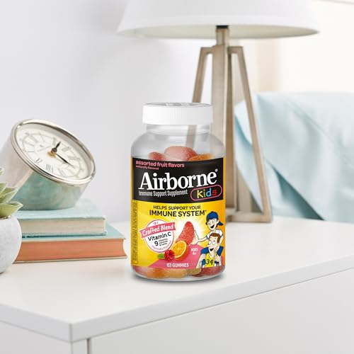Airborne Vitamin C 500mg (per Serving) - Assorted Fruit Flavored Kids Gummies (63 Count in a Bottle), Gluten-Free Immune Support Supplement with Vitamins C E, Selenium Nirvana Guru