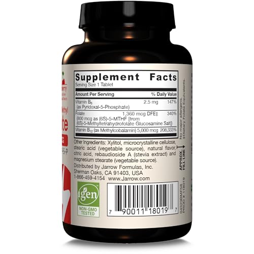 Jarrow Formulas Ultra Strength Methyl B-12 5000 mcg & Methyl Folate 800 mcg + P-5-P, Dietary Supplement for Cellular Energy Metabolism and Cardiovascular Support, 60 Chewable Tablets, 60 Day Supply - Nirvana Guru