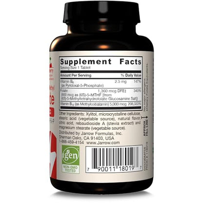Jarrow Formulas Ultra Strength Methyl B-12 5000 mcg & Methyl Folate 800 mcg + P-5-P, Dietary Supplement for Cellular Energy Metabolism and Cardiovascular Support, 60 Chewable Tablets, 60 Day Supply - Nirvana Guru