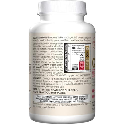 Jarrow Formulas® QH-Absorb®, 100 mg, Ubiquinol Dietary Supplement for Healthy Cardiovascular Function, 120 Softgels, 120 Day Supply - Nirvana Guru
