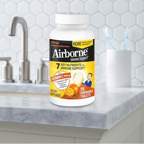 Airborne Vitamin C 1000mg (per Serving) - Citrus Chewable Tablets (116 Count in a Bottle), Gluten-Free Immune Support Supplement, with Vitamins A C E, Zinc, Selenium, Echinacea, Ginger, Antioxidants Nirvana Guru